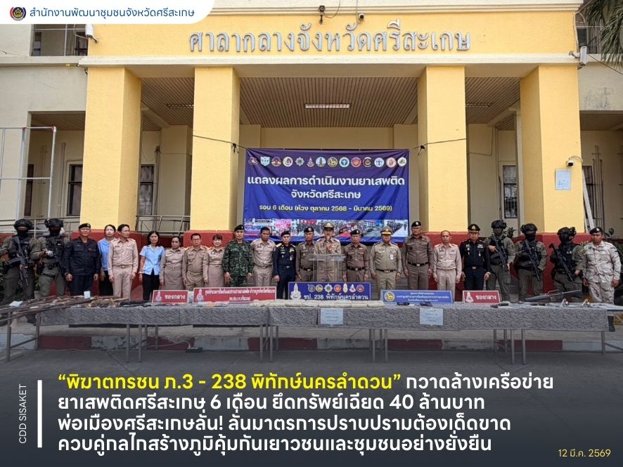 “พิฆาตทรชน ภ.3 - 238 พิทักษ์นครลำดวน” กวาดล้างเครือข่ายยาเสพติดศรีสะเกษ 6 เดือน ยึดทรัพย์เฉียด 40 ล้าน พ่อเมืองศรีสะเกษลั่น! มาตรการปราบปรามต้องเด็ดขาด ควบคู่กลไกสร้างภูมิคุ้มกันเยาวชนและชุมชนอย่างยั่งยืน
