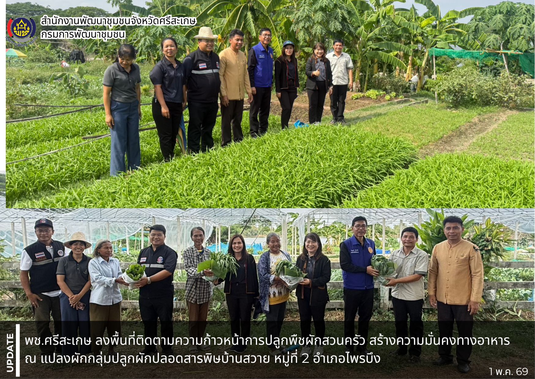 พช.ศรีสะเกษ ลงพื้นที่ติดตามความก้าวหน้าการปลูกพืชผักสวนครัว สร้างความมั่นคงทางอาหาร ณ แปลงผักกลุ่มปลูกผักปลอดสารพิษบ้านสวาย หมู่ที่ 2 อำเภอไพรบึง